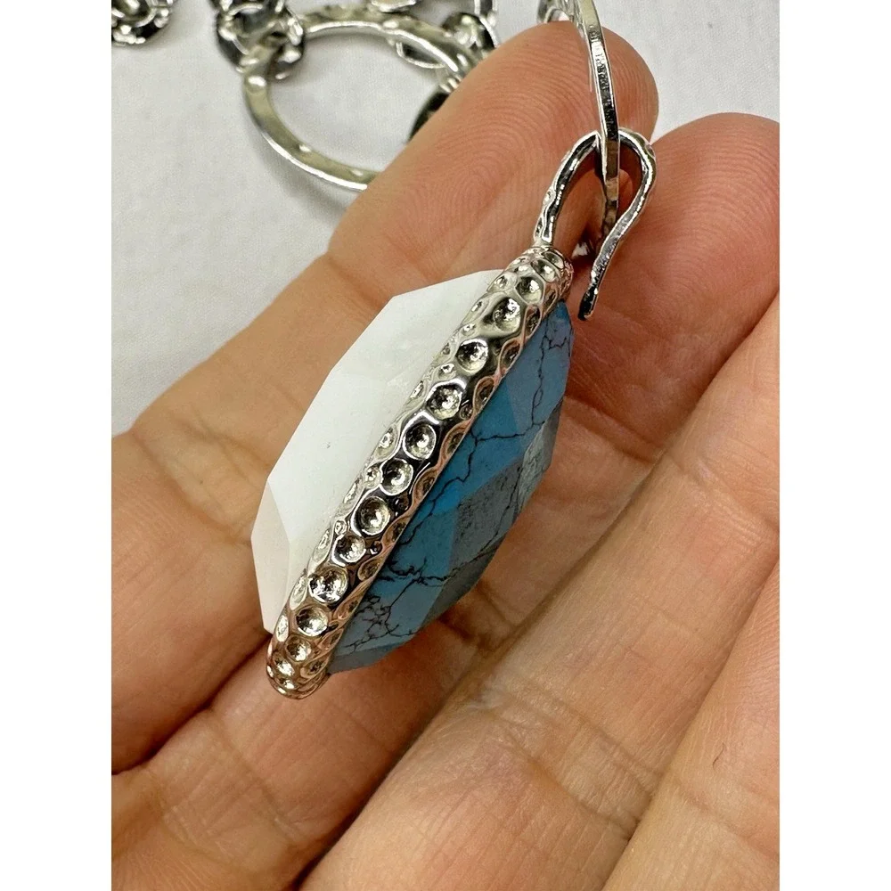 Hammered Links Necklace Turquoise White Pendant Reversible CA Stainless Steel